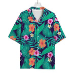 Teal Hawaiian Leaf Flower Pattern Print Rayon Hawaiian Shirt