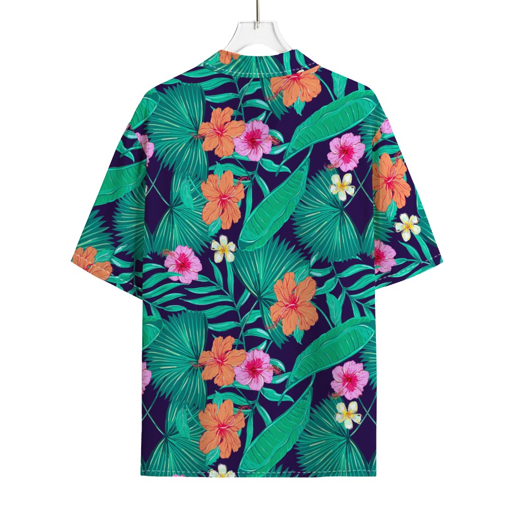 Teal Hawaiian Leaf Flower Pattern Print Rayon Hawaiian Shirt