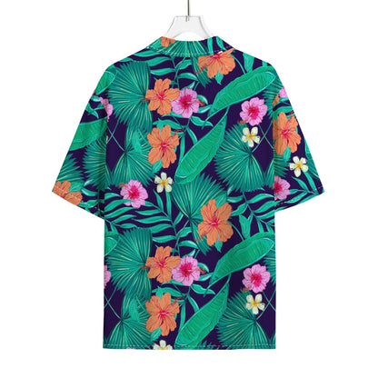 Teal Hawaiian Leaf Flower Pattern Print Rayon Hawaiian Shirt