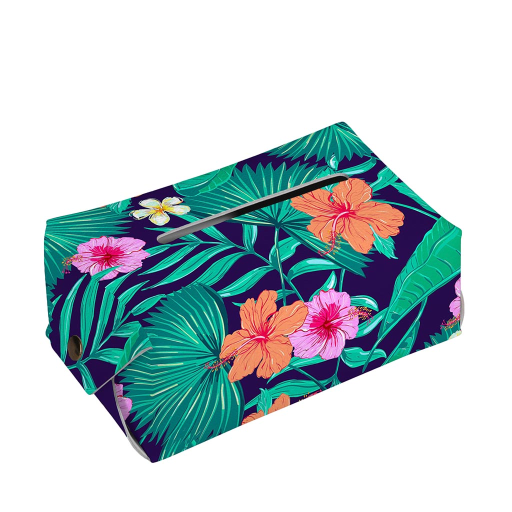 Teal Hawaiian Leaf Flower Pattern Print Rectangle Tissue Box Cover