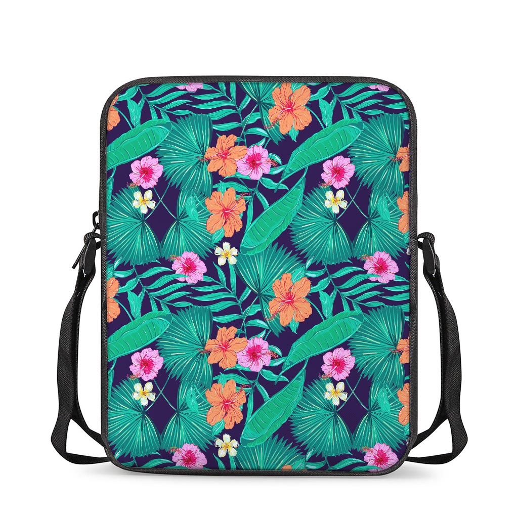 Teal Hawaiian Leaf Flower Pattern Print Rectangular Crossbody Bag
