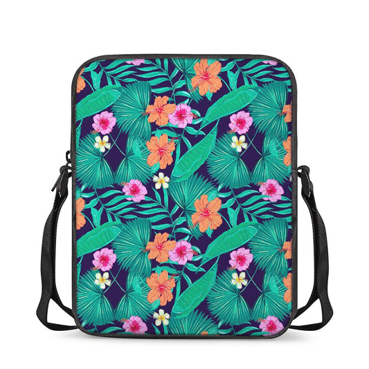 Teal Hawaiian Leaf Flower Pattern Print Rectangular Crossbody Bag