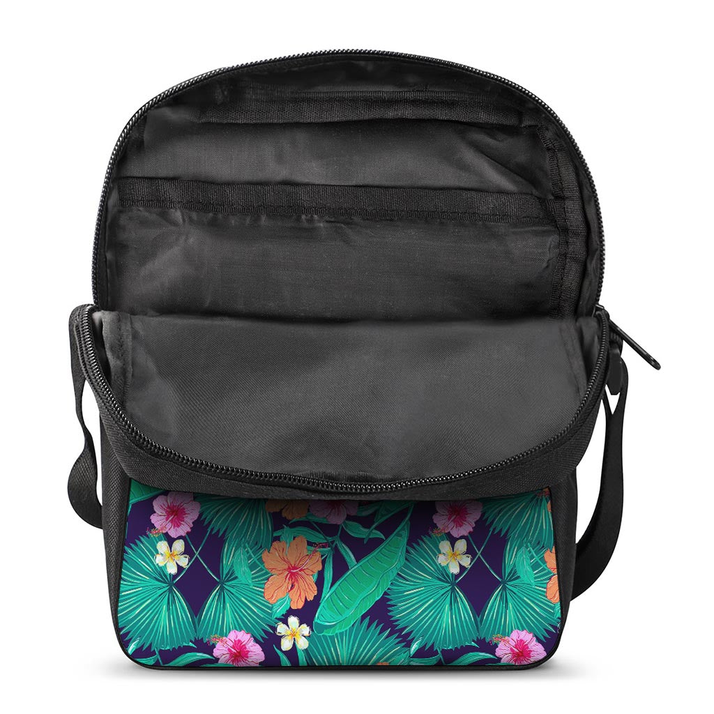 Teal Hawaiian Leaf Flower Pattern Print Rectangular Crossbody Bag