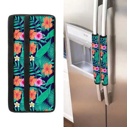 Teal Hawaiian Leaf Flower Pattern Print Refrigerator Handle Covers