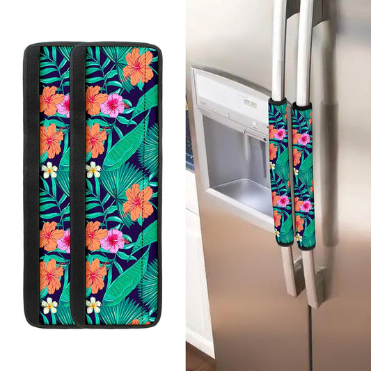 Teal Hawaiian Leaf Flower Pattern Print Refrigerator Handle Covers
