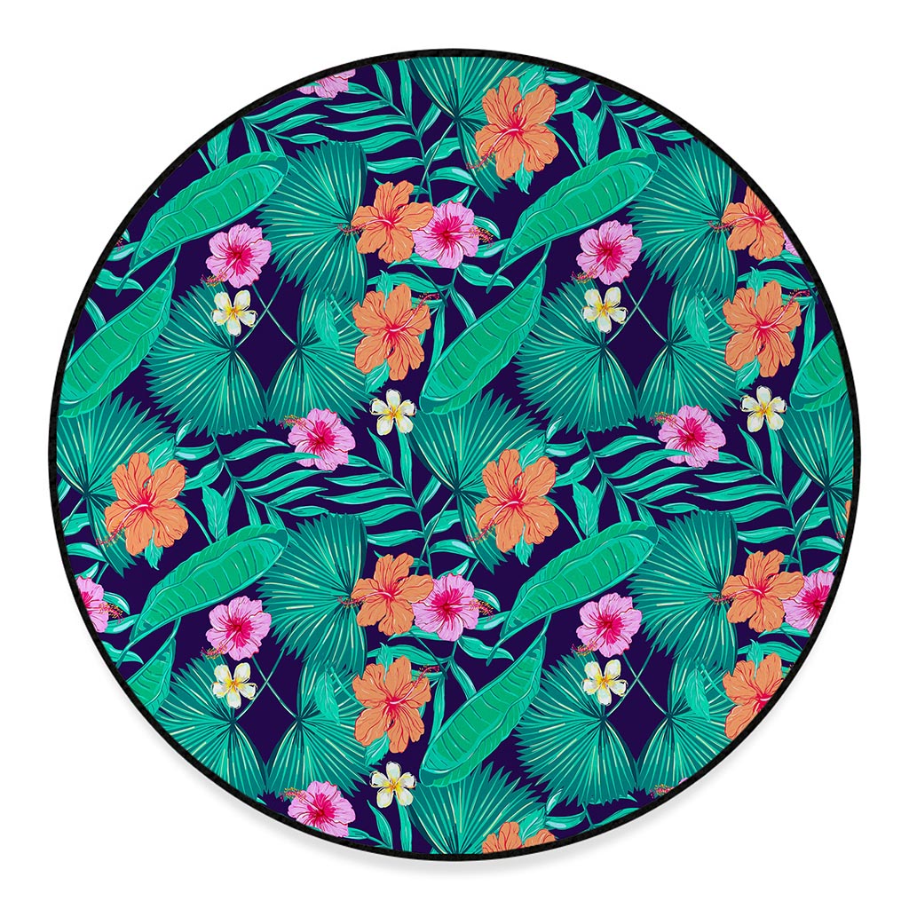 Teal Hawaiian Leaf Flower Pattern Print Round Floor Mat