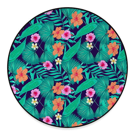 Teal Hawaiian Leaf Flower Pattern Print Round Floor Mat