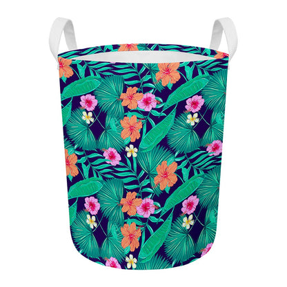 Teal Hawaiian Leaf Flower Pattern Print Round Laundry Basket