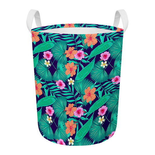Teal Hawaiian Leaf Flower Pattern Print Round Laundry Basket