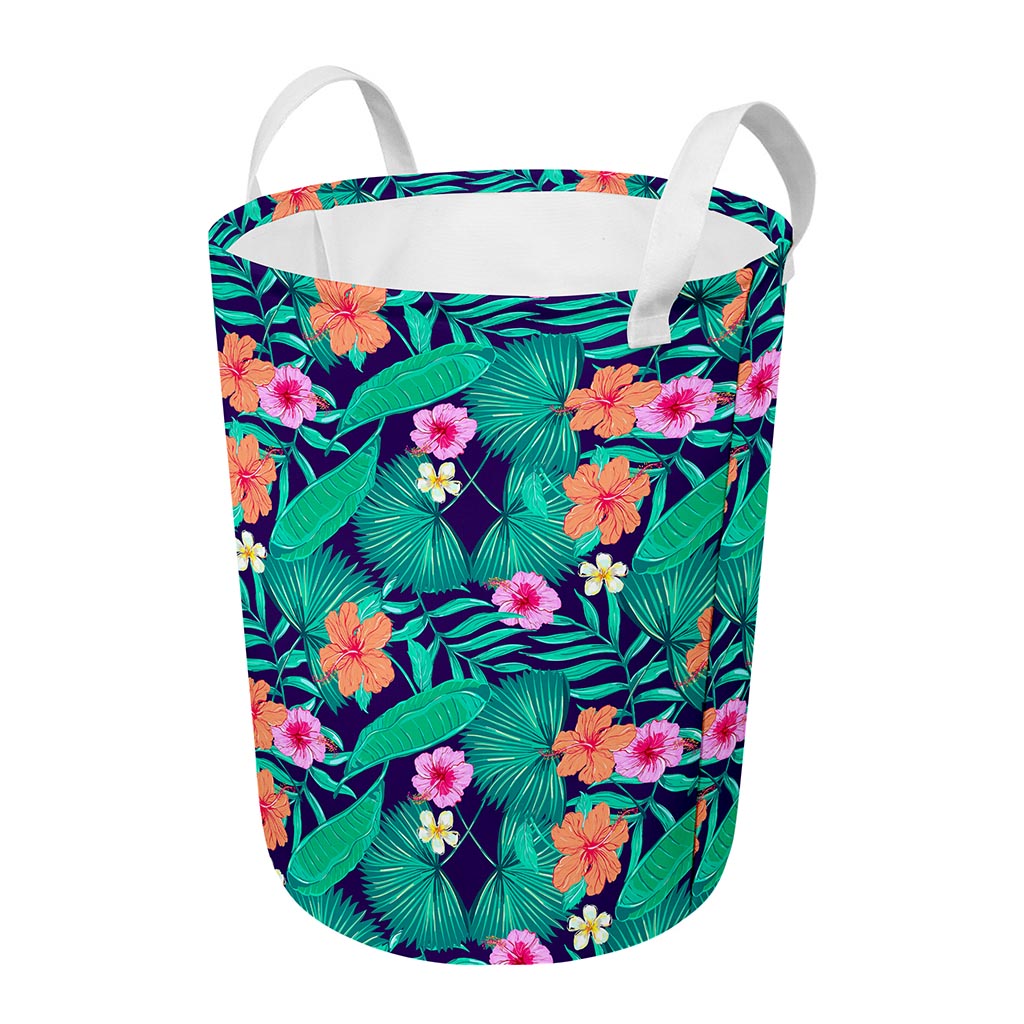 Teal Hawaiian Leaf Flower Pattern Print Round Laundry Basket