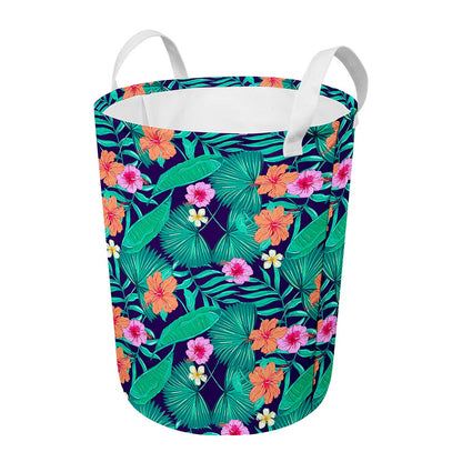 Teal Hawaiian Leaf Flower Pattern Print Round Laundry Basket