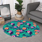 Teal Hawaiian Leaf Flower Pattern Print Round Rug