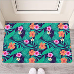 Teal Hawaiian Leaf Flower Pattern Print Rubber Doormat