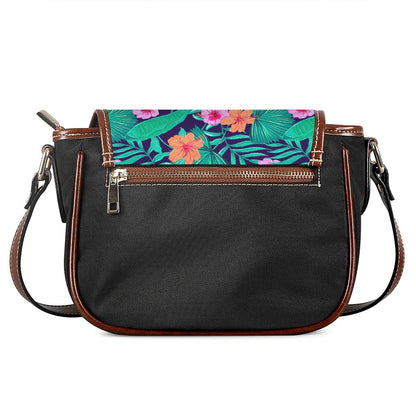 Teal Hawaiian Leaf Flower Pattern Print Saddle Bag