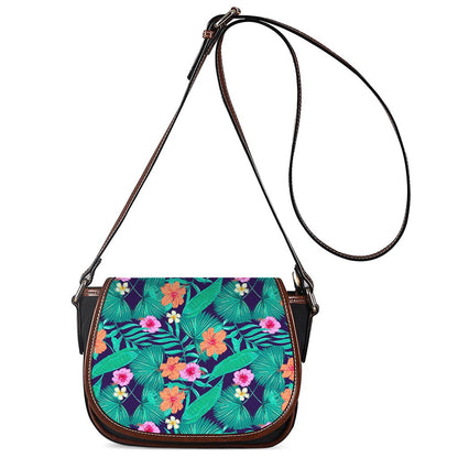 Teal Hawaiian Leaf Flower Pattern Print Saddle Bag