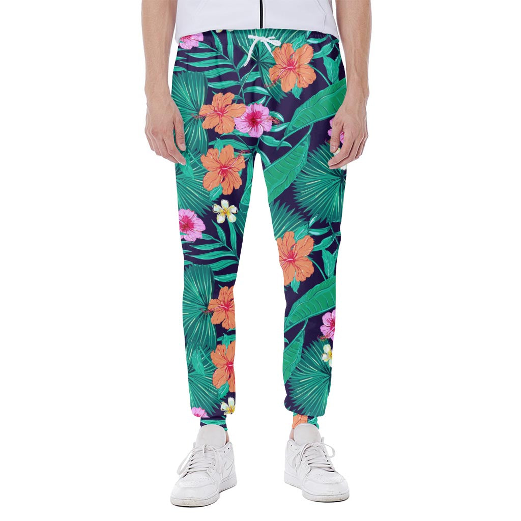 Teal Hawaiian Leaf Flower Pattern Print Scuba Joggers