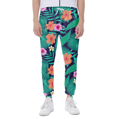 Teal Hawaiian Leaf Flower Pattern Print Scuba Joggers