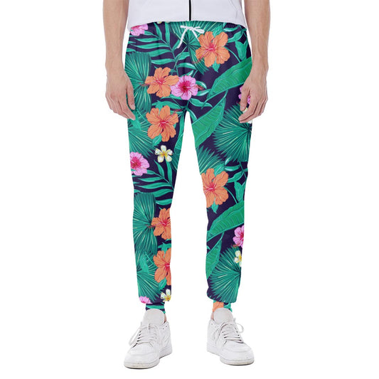 Teal Hawaiian Leaf Flower Pattern Print Scuba Joggers