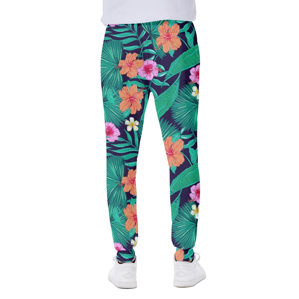 Teal Hawaiian Leaf Flower Pattern Print Scuba Joggers