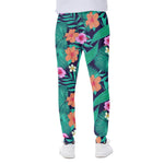 Teal Hawaiian Leaf Flower Pattern Print Scuba Joggers