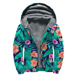 Teal Hawaiian Leaf Flower Pattern Print Sherpa Lined Zip Up Hoodie