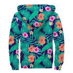 Teal Hawaiian Leaf Flower Pattern Print Sherpa Lined Zip Up Hoodie