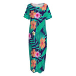 Teal Hawaiian Leaf Flower Pattern Print Short Sleeve Long Nightdress
