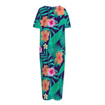 Teal Hawaiian Leaf Flower Pattern Print Short Sleeve Long Nightdress