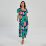 Teal Hawaiian Leaf Flower Pattern Print Short Sleeve Maxi Dress