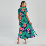 Teal Hawaiian Leaf Flower Pattern Print Short Sleeve Maxi Dress