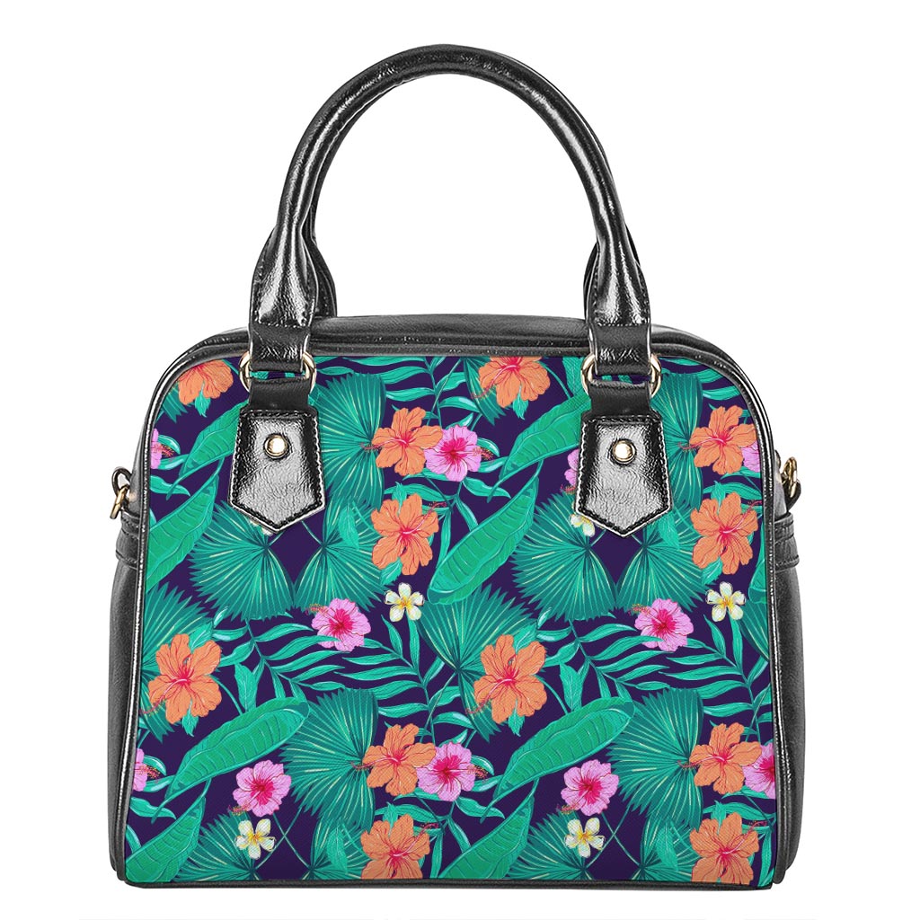 Teal Hawaiian Leaf Flower Pattern Print Shoulder Handbag