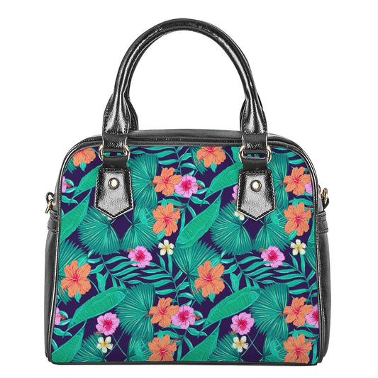 Teal Hawaiian Leaf Flower Pattern Print Shoulder Handbag