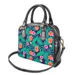 Teal Hawaiian Leaf Flower Pattern Print Shoulder Handbag