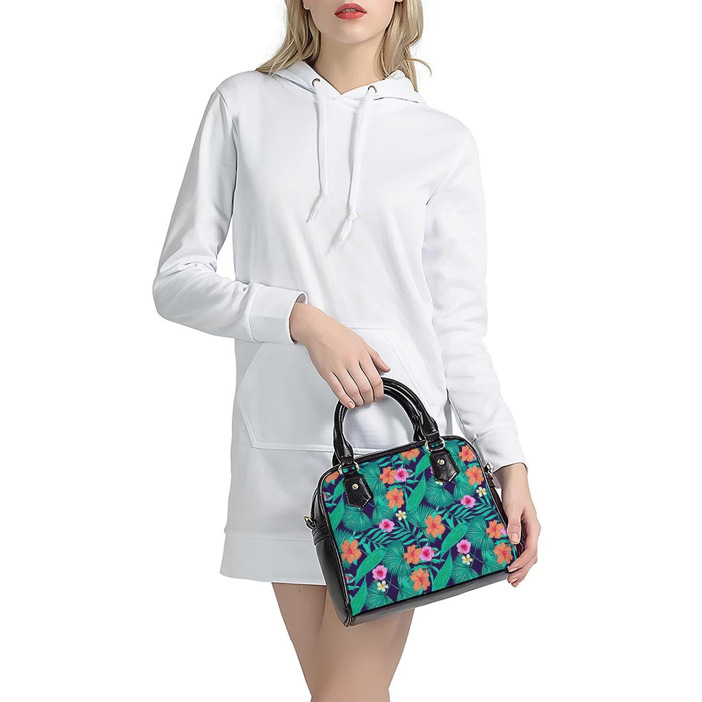 Teal Hawaiian Leaf Flower Pattern Print Shoulder Handbag