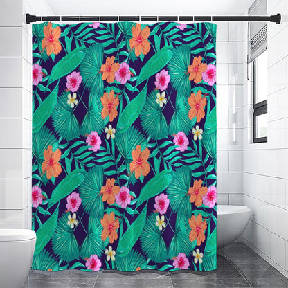 Teal Hawaiian Leaf Flower Pattern Print Shower Curtain