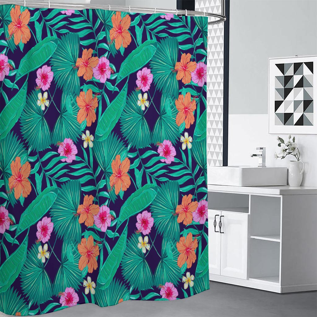 Teal Hawaiian Leaf Flower Pattern Print Shower Curtain