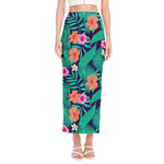 Teal Hawaiian Leaf Flower Pattern Print Side Slit Maxi Skirt