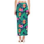 Teal Hawaiian Leaf Flower Pattern Print Side Slit Maxi Skirt