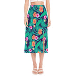 Teal Hawaiian Leaf Flower Pattern Print Side Slit Midi Skirt