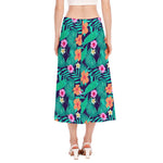 Teal Hawaiian Leaf Flower Pattern Print Side Slit Midi Skirt