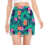 Teal Hawaiian Leaf Flower Pattern Print Side Slit Mini Skirt