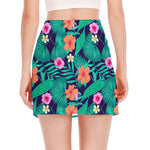 Teal Hawaiian Leaf Flower Pattern Print Side Slit Mini Skirt
