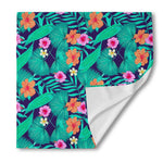 Teal Hawaiian Leaf Flower Pattern Print Silk Bandana