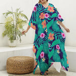 Teal Hawaiian Leaf Flower Pattern Print Silk V-Neck Kaftan Dress