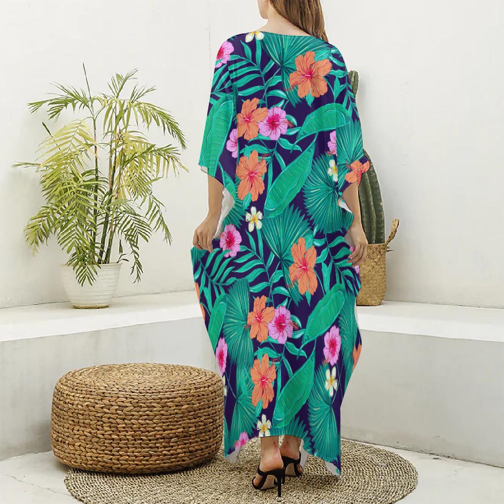 Teal Hawaiian Leaf Flower Pattern Print Silk V-Neck Kaftan Dress