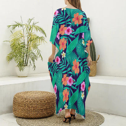 Teal Hawaiian Leaf Flower Pattern Print Silk V-Neck Kaftan Dress