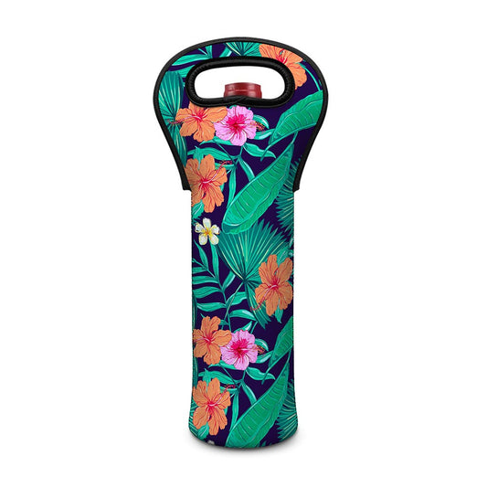 Teal Hawaiian Leaf Flower Pattern Print Single Neoprene Wine Tote