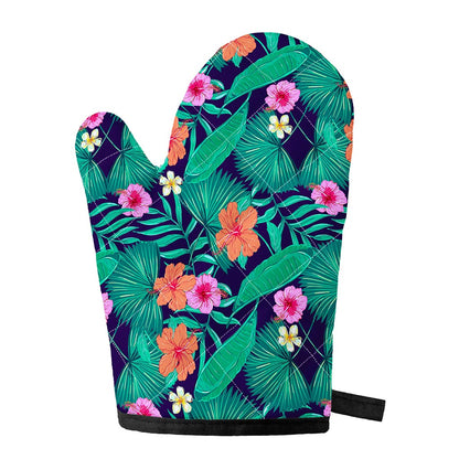 Teal Hawaiian Leaf Flower Pattern Print Single Oven Mitt