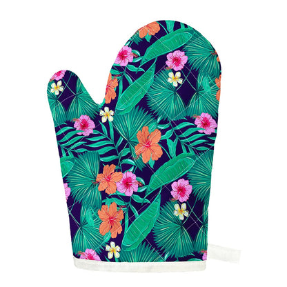 Teal Hawaiian Leaf Flower Pattern Print Single Oven Mitt