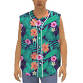 Teal Hawaiian Leaf Flower Pattern Print Sleeveless Baseball Jersey